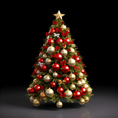 Classic Christmas tree with red and gold ornaments on black background