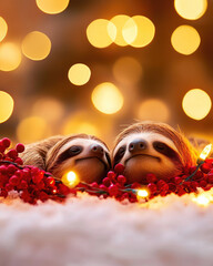 Obraz premium Two adorable sloths cuddling in festive decorations and soft lights.