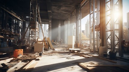 Fototapeta premium Interior of a construction site with wooden beams, tools, and unfinished structures.