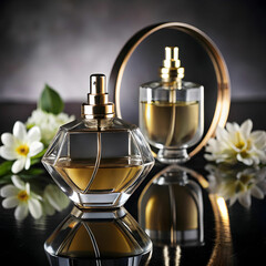 Two elegant perfume bottles placed on a black table