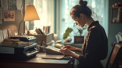 A young woman reads intently at a sunlit desk surrounded by books and papers, radiating focus and curiosity in a cozy, thoughtful ambiance.