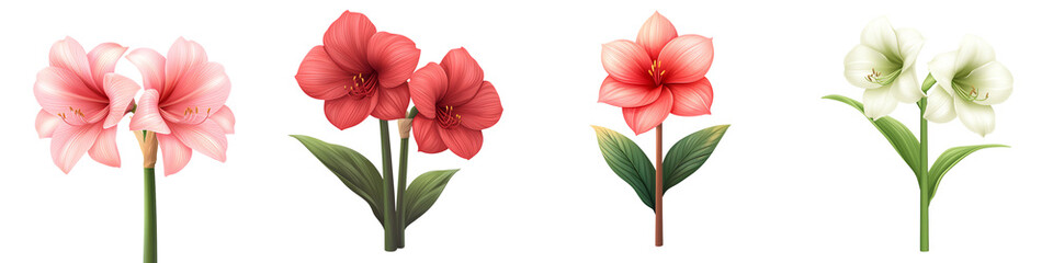 Colorful amaryllis flowers in varying shades on a white isolated background. transparent background