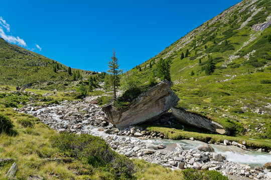 Riesiger Felsblock im "Zamserbach" beim Aufstieg durch den "Zamser Grund" zum "Pfitscher Joch"