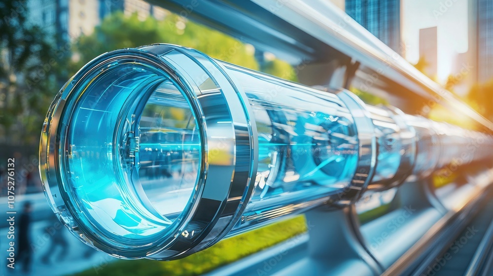 Aufkleber a hyperloop concept in an urban environment, with futuristic design and high-speed travel.