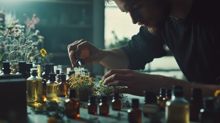In a softly lit workshop, a focused individual blends essential oils, nature and science intertwining in a fragrant journey of creation.