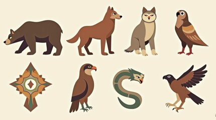 Obraz premium Shamanic Animal Icons - Spirit Bear, Wolf, Owl
