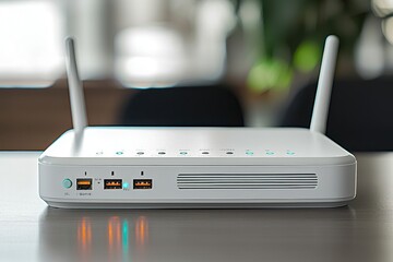 A white wireless router with antennas and multiple ports on a table.