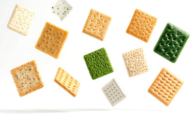 Assorted crackers floating above isolate on white background, showcasing various shapes and colors.