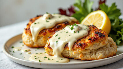 A plate full of deliciously baked chicken breasts topped with creamy sauce and garnished with lemon wedges and parsley. Perfect for a special meal or celebration.