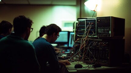 A group of tech enthusiasts collaborates around complex equipment in a softly lit room, committed to unraveling digital and mechanical enigmas.