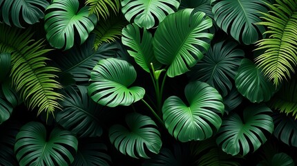 Lush Green Tropical Plant Bush with Monstera Palm Rubber Plant Pine and Fern Leaves
