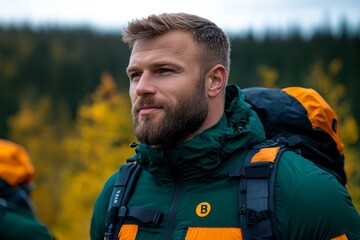 Obraz premium Couple hiking together through a misty forest, capturing a sense of adventure and companionship