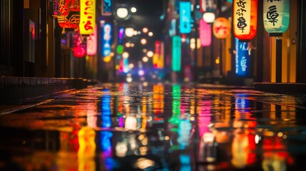 Obraz premium 濡れた路面とネオン街