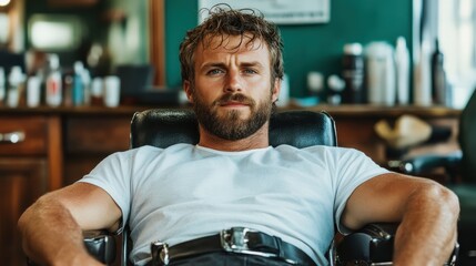 A man lounges comfortably in a vintage barber chair, surrounded by typical barbershop elements, radiating a sense of leisure and stylish grooming culture.