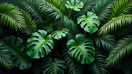 Lush Green Tropical Plant Bush with Monstera Palm Rubber Plant Pine and Fern Leaves