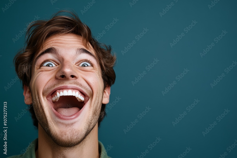 Poster detailed hyper-realistic image of laughing eyes and a beaming face, showing genuine happiness and wa
