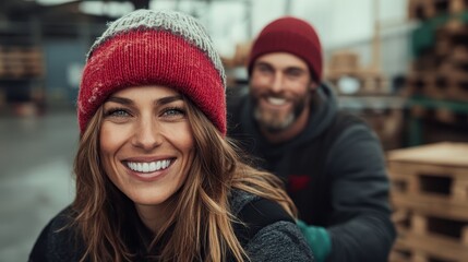 Obraz premium A woman wearing a red beanie is smiling brightly in focus, with a male colleague in the background, both situated in a setting rich with wooden pallets and natural light.