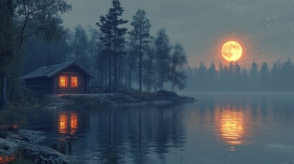 Fototapeta premium Serene lakeside cabin under a full moon with reflections on water.