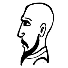 portrait of a man Asian man with shaved head and small beard and mustache, vector drawing on white background.	