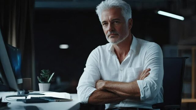 A white-haired mature man in loose jeans and a white casual shirt sitting at a computer desk in a modern office, dim indoor lighting