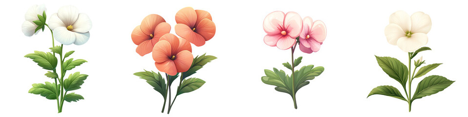 Four beautiful flowers in various colors with green leaves, perfect for decorative purposes or floral designs. transparent background