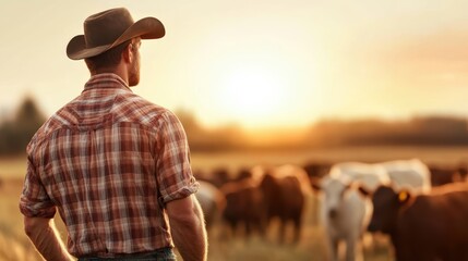 A farmer wearing a cowboy hat stands at the edge of a field, surveying his cattle under the warm hues of a setting sun, symbolizing resilience and dedication.
