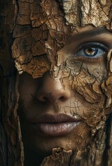 A mystical fusion of human facial features and natural textures, blending organic shapes to convey unity and introspection in art.