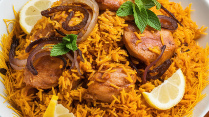 A beautifully plated dish of fragrant chicken biryani, garnished with caramelized onions, fresh mint, and lemon slices, showcasing a vibrant orange hue.