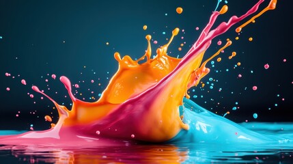An energetic display of orange and blue paint splashes in motion, creating a vibrant and dynamic scene that captures both the color intensity and fluidity in detail.