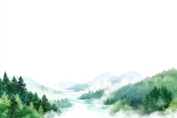 Fototapeta premium Gentle watercolor of a river journey through a forest with soft greens and blues blending in harmony