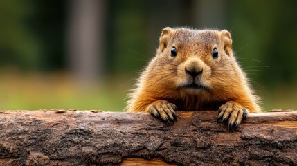 A curious squirrel with alert eyes peeks over a wooden tree branch, capturing a moment of nature's curiosity and wildlife charm in a forest setting, perfectly natural.