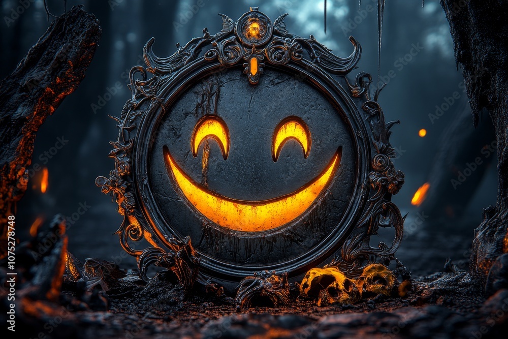 Poster gothic-inspired happy face with a slight smile, surrounded by dark ornate details in a moody setting