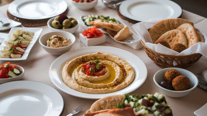 A vibrant spread of Middle Eastern cuisine featuring hummus, falafel, and fresh vegetables, creating a festive and inviting atmosphere.