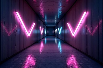Reflective Sci-Fi Corridor with Vibrant Pink and Blue Zigzag Neon Lights in a Dark Futuristic Hallway