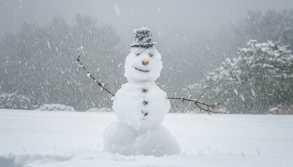 Obraz premium A snowman standing alone on a snowy day