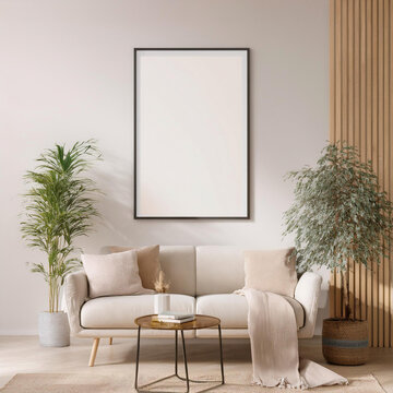 Mockup frame, sala de estar com quadro em branco na parede. Render 3d, Ambiente clean, minimalista e moderno. Ambiente iluminado. Decora&ccedil;&atilde;o sofisticada. 