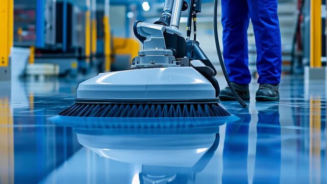 A worker operates specialized machinery to clean and maintain a shiny floor in an industrial environment. The process highlights the effectiveness of modern cleaning technology