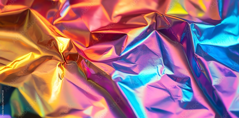 Poster close-up abstract background with wrinkled iridescent foil surface.