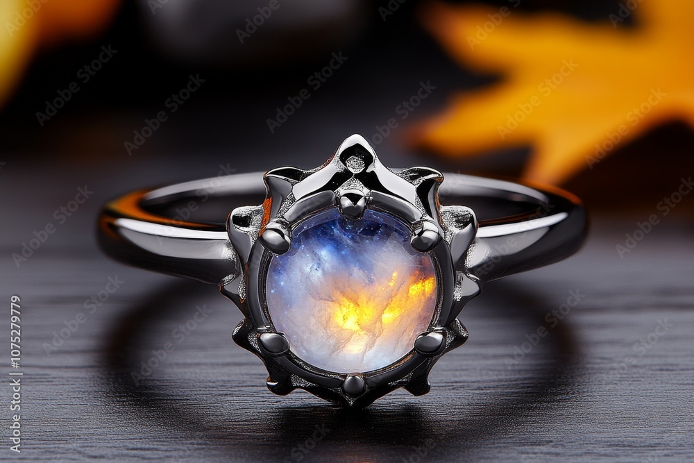 Poster mystical ring with a moonstone that shines with an ethereal glow, set against a dark enchanted fores