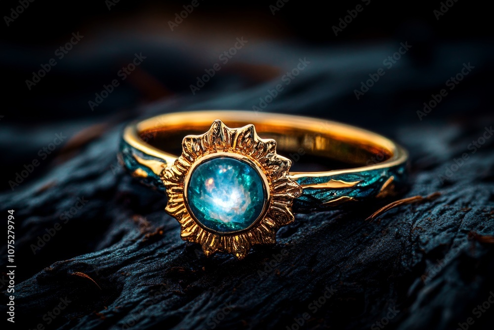 Poster mystical ring with a moonstone that shines with an ethereal glow, set against a dark enchanted fores
