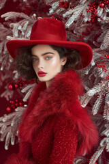 A stylish woman adorned in red stands by a Christmas tree, conveying elegance and holiday spirit with vibrant colors and fashion.