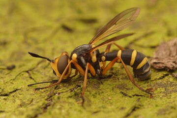 Closeup on a Yellow striped beegrabber fly, Conops scuttelatus