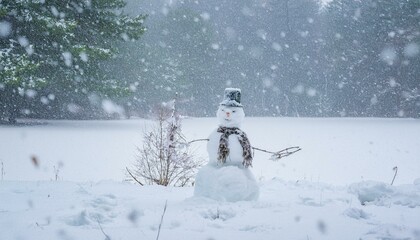 Fototapeta premium A snowman standing alone on a snowy day