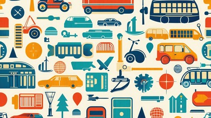 Various transportation icons arranged in a pattern, symbolizing mobility and movement. 