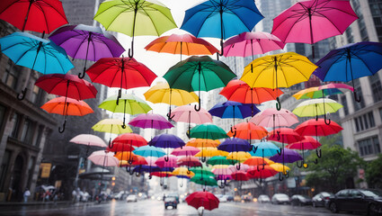 Beautiful stylish decoration of multi-colored hanging umbrellas on the street of the city