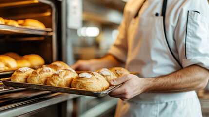 A baker carefully retrieves freshly baked bread from the oven, showcasing the art of baking in a professional kitchen.
