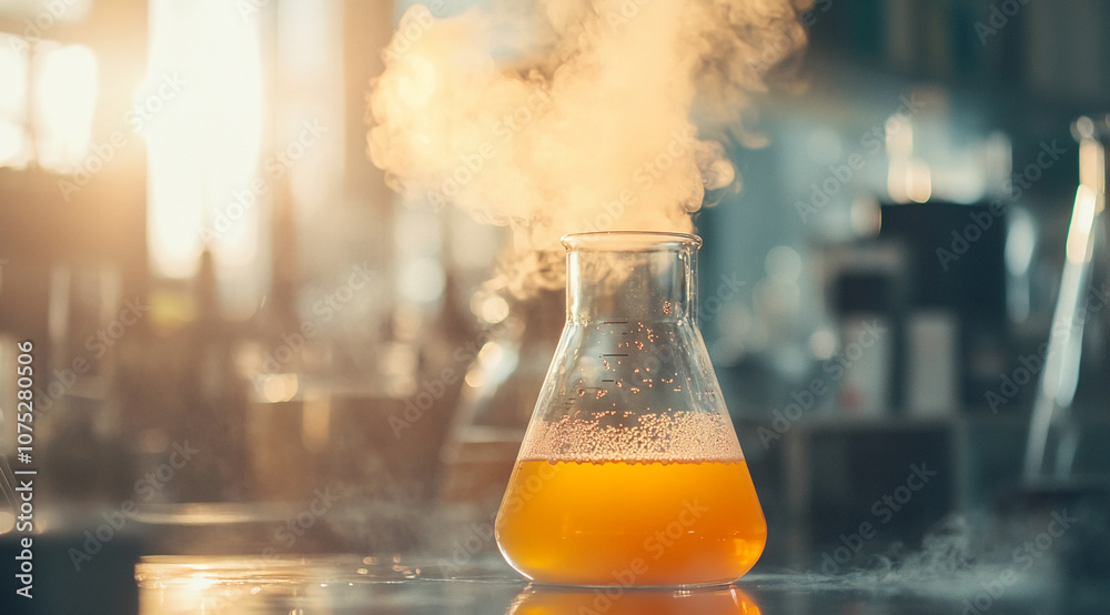 Poster a glass flask filled with a yellow liquid is bubbling and releasing white smoke in a laboratory sett