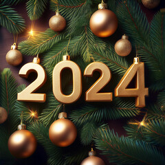 Golden 2024 numbers surrounded by festive pine branches and ornaments during the holiday season
