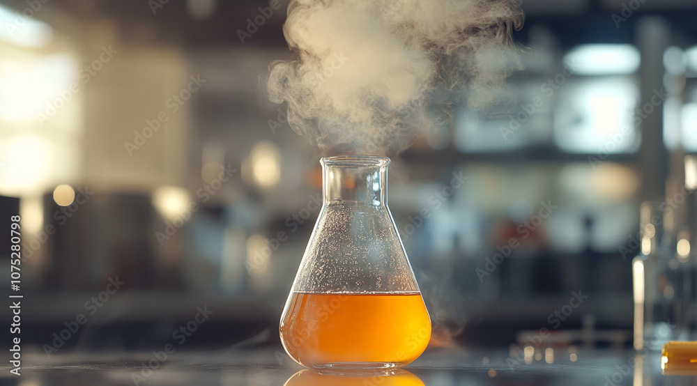 Poster a glass beaker filled with a yellow liquid sits on a table, steaming in a laboratory setting