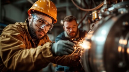 Two industrial workers wearing helmets and safety gear welding at a large machine, highlighting the importance of safety and precision in manufacturing environments.
